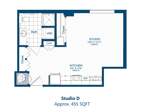 Floor plan for studio, 1 bath, 455 sqft